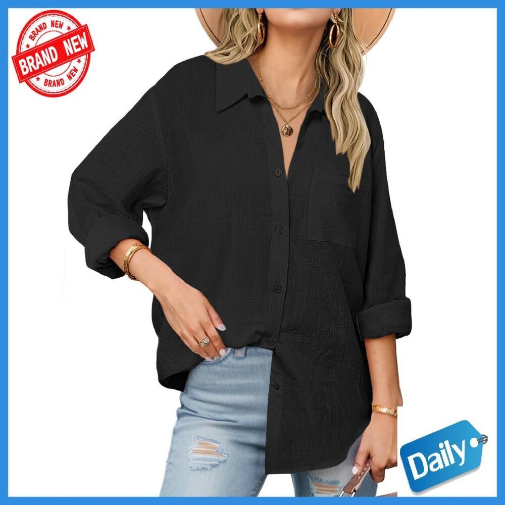 Long Sleeve Cotton Gauze Button Down Shirt Loose Fit Blouse